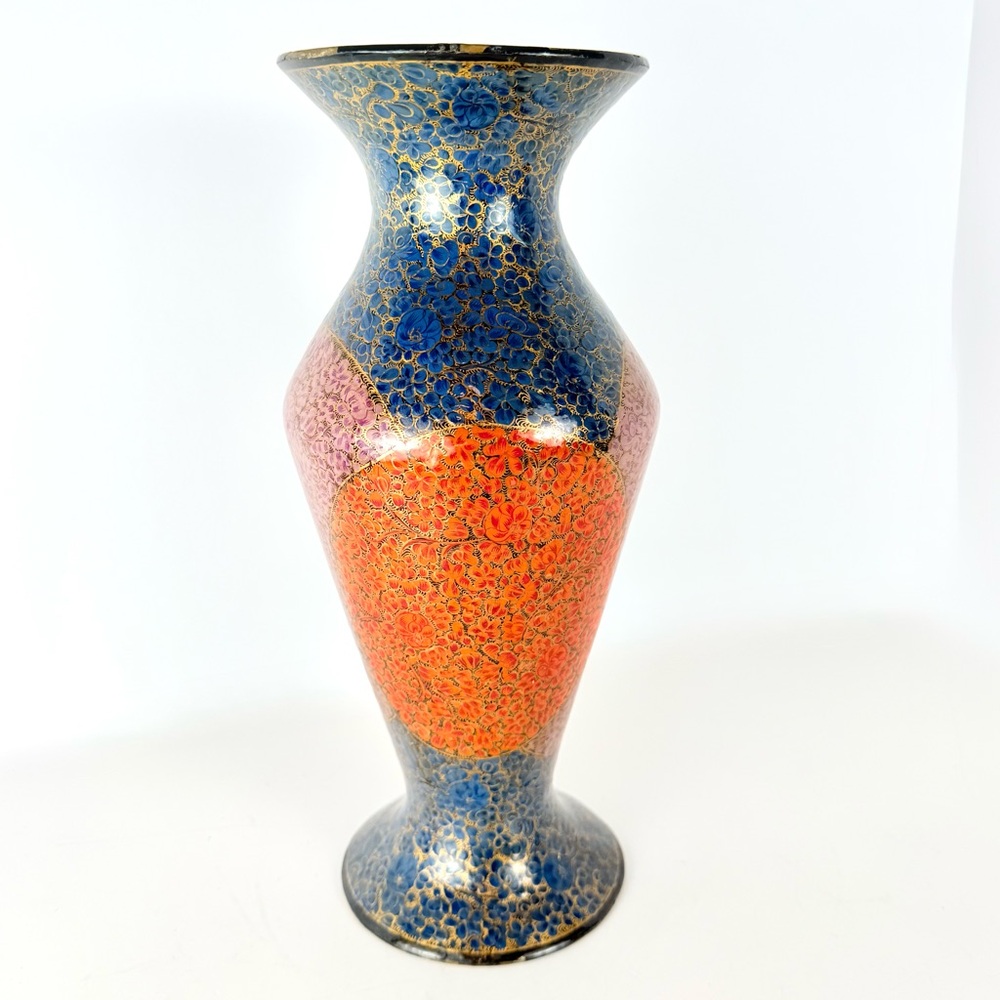 12” Vintage Brass Kashmiri handmade paper machie flower vase Orange Purple Blue